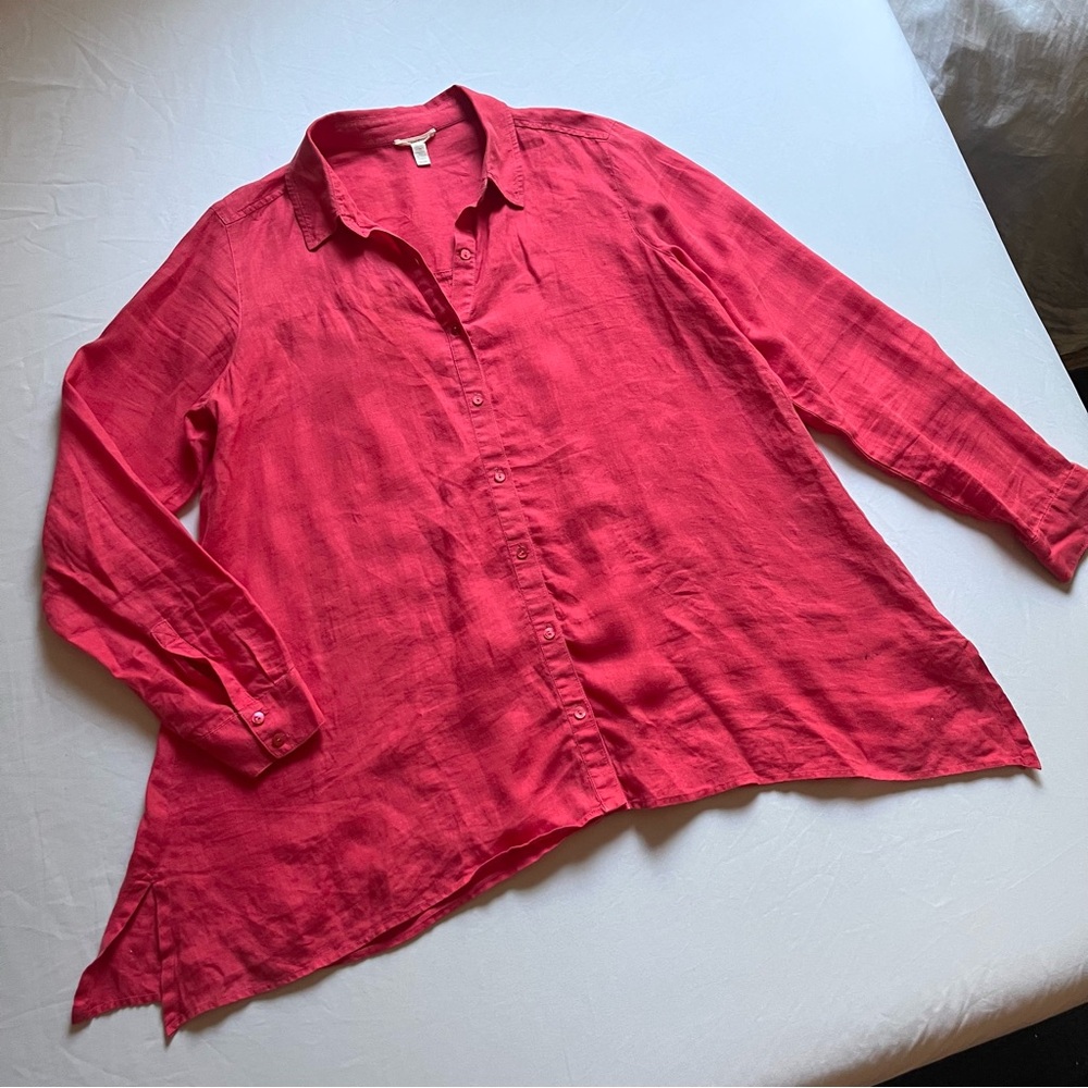 EILEEN FISHER coral pink linen button up shark bite draped long sleeve shirt